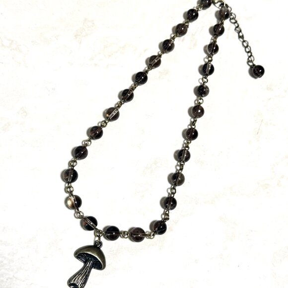 Natural Smoky Quartz Short Necklace, Genuine Gemstone + Bronze Slim Mushroom - Picture 7 of 14